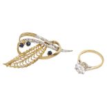 Gold sapphire and diamond brooch and a gold single stone cubic zirconia ring