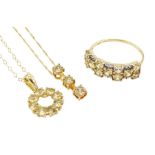 Gold citrine ring and two gold citrine pendant necklaces