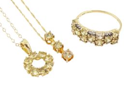 Gold citrine ring and two gold citrine pendant necklaces