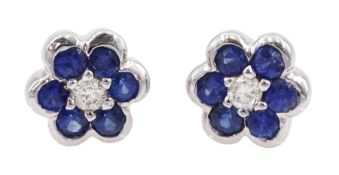 Pair of 18ct white gold sapphire and diamond flowerhead stud earrings
