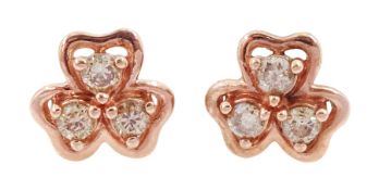 Pair of 10ct rose gold round brilliant cut diamond three leaf clover stud earrings