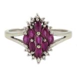 9ct white gold marquise cut ruby and diamond ring