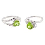 White gold pearl cut peridot and white zircon ring and one other single stone trillion cut peridot r