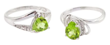 White gold pearl cut peridot and white zircon ring and one other single stone trillion cut peridot r