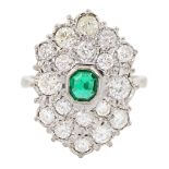 18ct white gold octagonal cut emerald and round brilliant cut diamond cluster ring