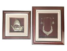 Framed Omani silver dhow sailing boat and a necklace and earring set