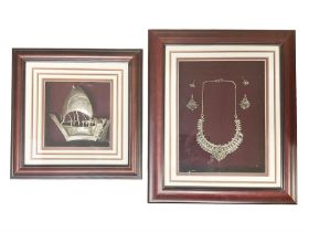 Framed Omani silver dhow sailing boat and a necklace and earring set