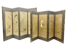 Two Oriental silk and wooden screens embroidered with birds and blossoming branches