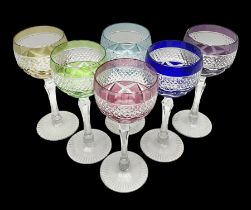 Set of six Harlequin coloured glass hock glasses