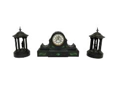 French- Black Belgium slate 8-day Victorian mantel clock and garnitures with with malachite inlay
