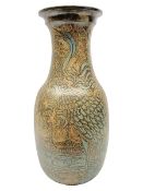 John Egerton (c1945-): studio pottery stoneware vase decorated with cranes in a riverscape upon a mo