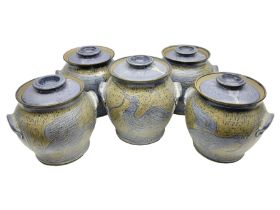 John Egerton (c1945-): set of five studio pottery stoneware twin handled jars with covers
