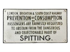 Cast iron London Brighton & South Coast Railway prevention of consumption and spitting sign