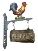 Painted cast iron wall hanging welcome sign with cockerel decoration