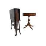 Edwardian inlaid mahogany drop leaf Sutherland table (W56cm H71cm); Georgian design yew wood side ta