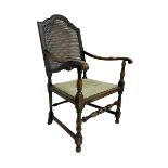 Early 20th century stained beech and cane back armchair