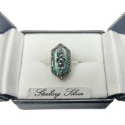 Silver turquoise and marcasite cluster ring