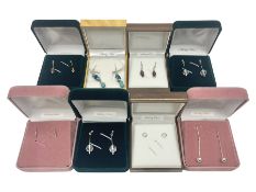 Eight pairs of silver and silver stone set earrings