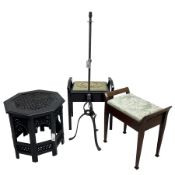 Anglo-Indian octagonal centre table with pierced decoration (D60cm); wrought metal standard lamp (H1