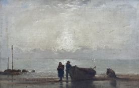 English School (19th century): Fisher Folk and Coble on the Beach at Sunset