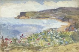 Sheila Walmsley (British mid 20th century): Spring Flowers above Robin Hood's Bay
