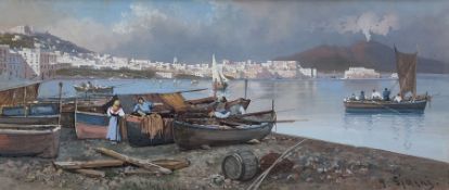 Y Gianni (Italian 20th century): Fisher Folk on the Shore overlooking the Bay of Naples with Mount V