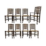 Matched set of eight (7+1) oak ladder back dining chairs