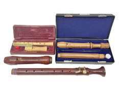 Three wooden recorders - 1970s Schotts 'Concert' three-piece tenor; 1990s Dolmetsch treble