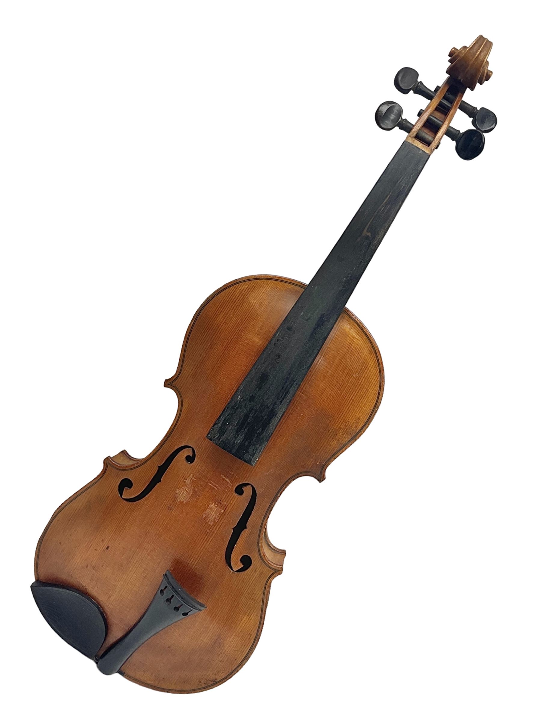 German violin c1900 stamped Stainer with 36cm two-piece maple back and ribs and spruce top L59.5cm o