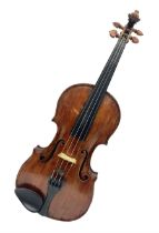 Mid-19th century German violin with 36cm two-piece maple back and ribs and spruce top; bears label '