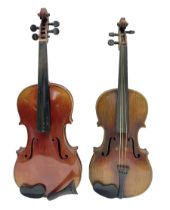 Late 19th century French three-quarter size 'Conservatory' violin with 34cm two-piece maple back and