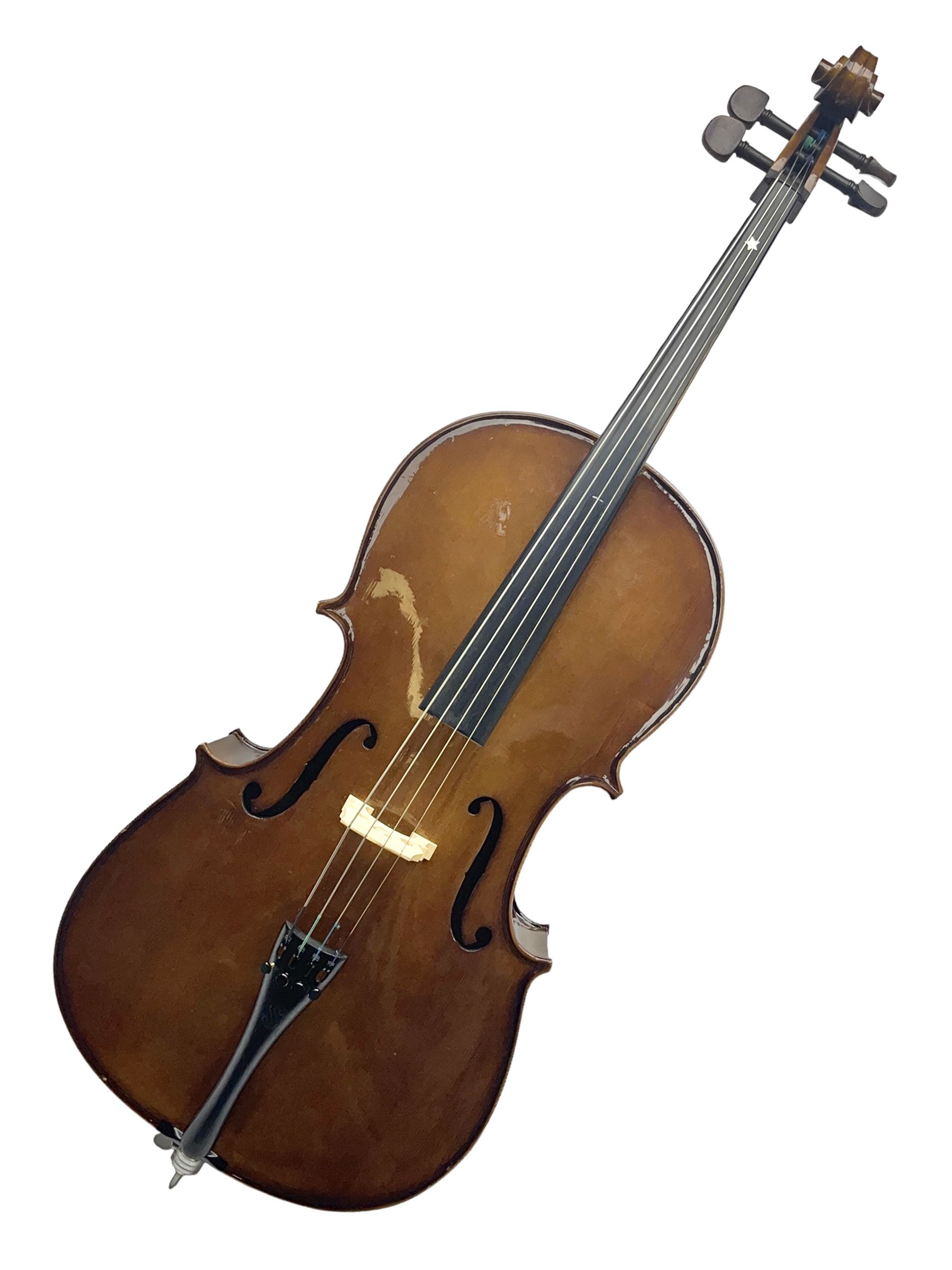 Stentor Student I quarter-size cello with 59.5cm two-piece maple back and ribs and spruce top; bears