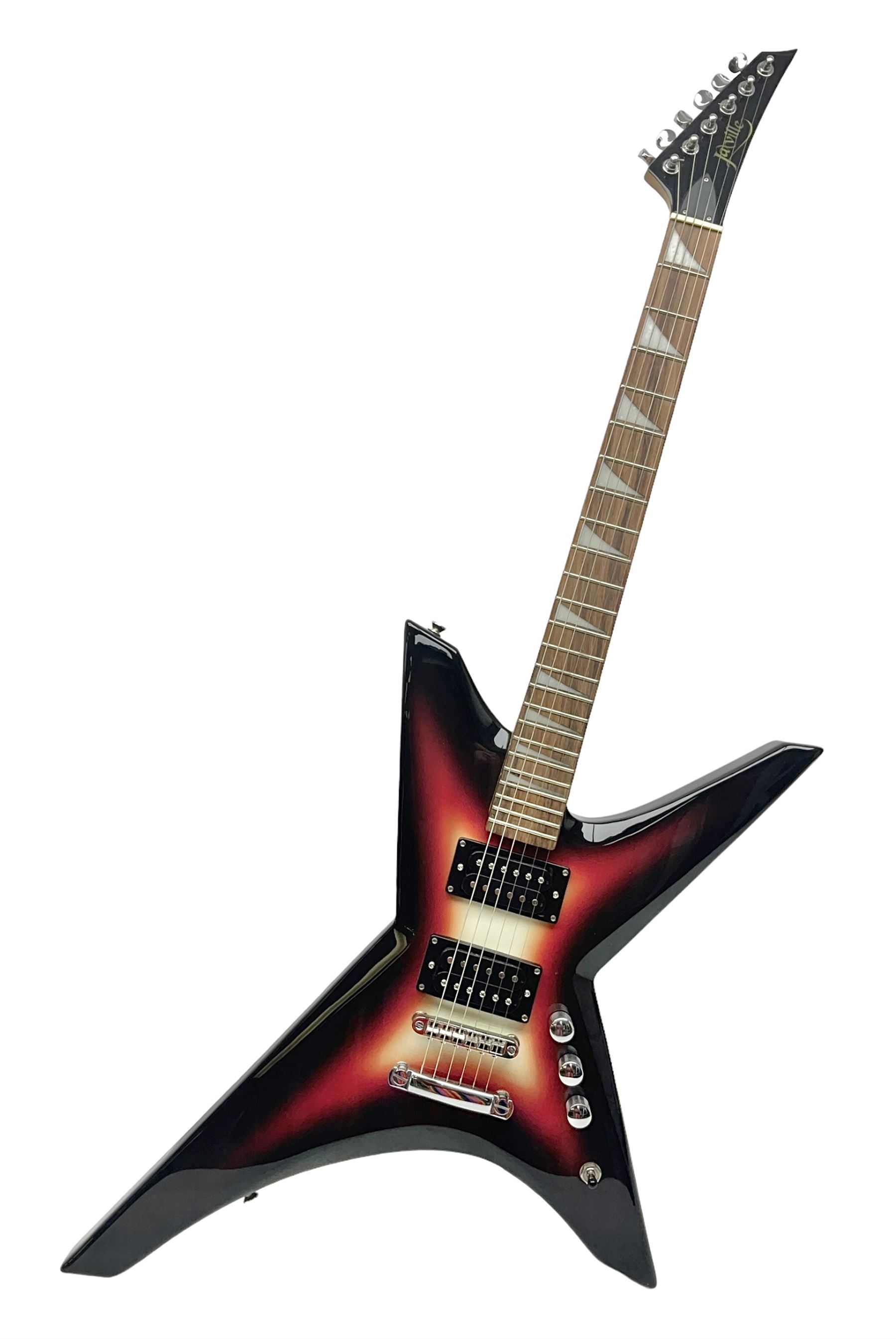 Jaxville X-Factor six-string electric guitar with three-tone X-shaped body L116cm overall.