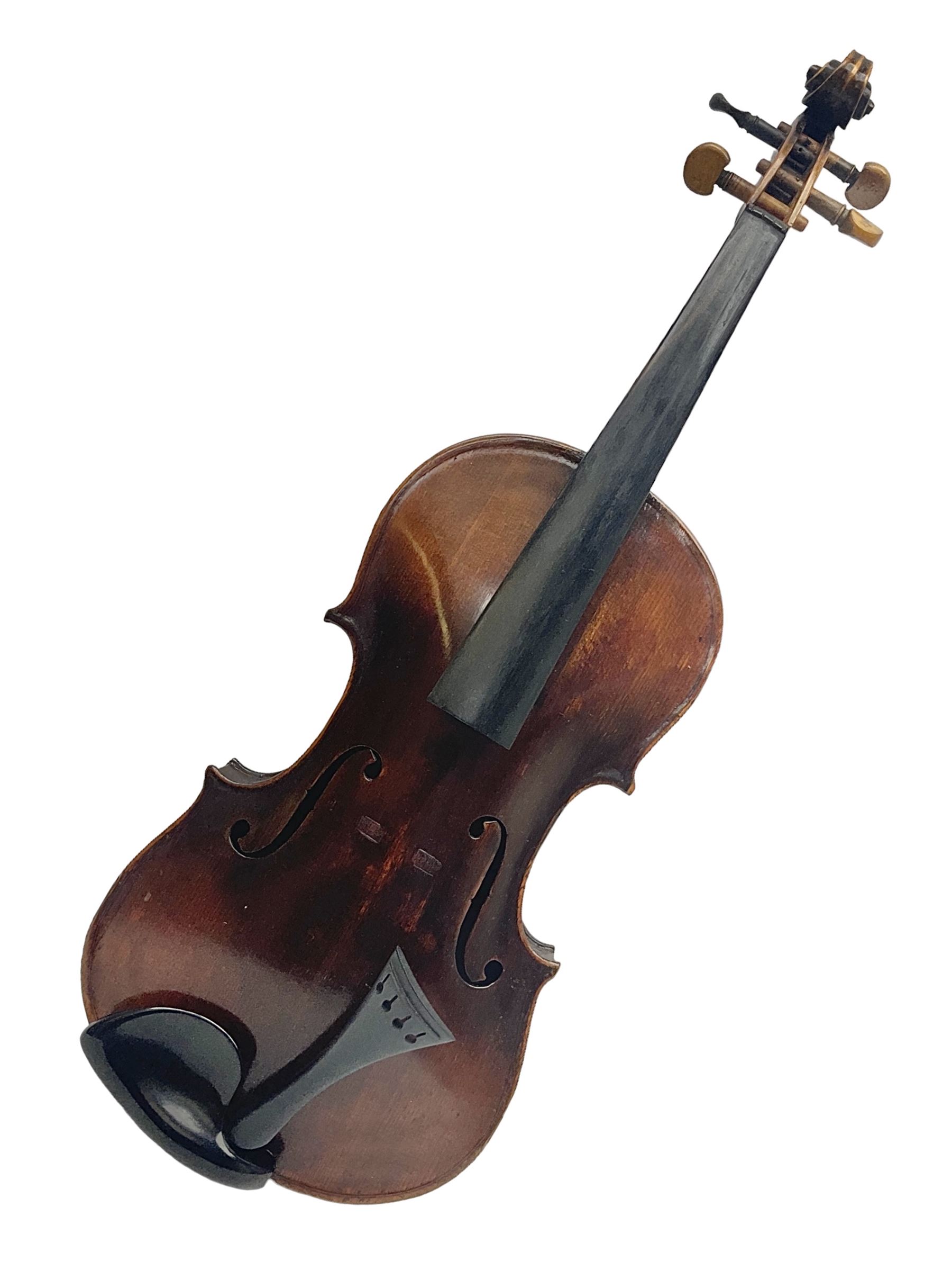 Czechoslovakian violin stamped LIZST c1920 with 35.5cm two-piece maple back and ribs and spruce top