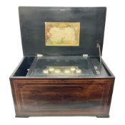 Large 19th century Swiss cross-banded rosewood and ebonised bells-in-sight musical box; the hinged l