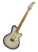 Canadian Godin SD electric guitar in two-tone purple/white with bird's eye maple neck and tremolo