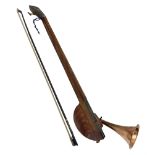 Fruitwood and elm single string phono fiddle with long neck and copper horn L76cm; and a violin bow