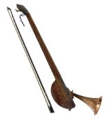 Fruitwood and elm single string phono fiddle with long neck and copper horn L76cm; and a violin bow