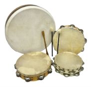 Irish bodrum drum D41cm(16") with beater; three various tambourines; and two beaters