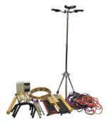'On-Stage' tubular chrome three-instrument stand; various percussion accessories including 2-tone wo
