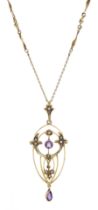 Edwardian gold amethyst and seed pearl pendant