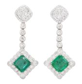 18ct white gold milgrain set octagonal cut emerald and round brilliant cut diamond pendant stud earr