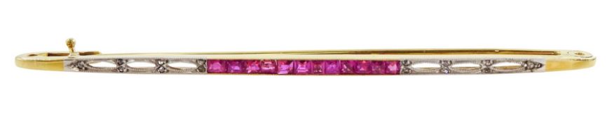 Art Deco milgrain set calibre cut ruby and diamond chip brooch