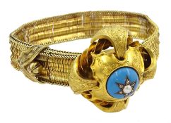 Victorian 18ct gold enamel pearl and rose cut diamond sliding buckle bracelet
