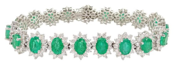 18ct white gold oval emerald and round brilliant cut diamond cluster bracelet