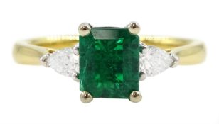 18ct gold three stone emerald and pear cut diamond ring