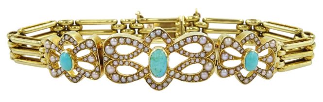 Early 20th century 15ct gold turquoise and seed pearl bracelet