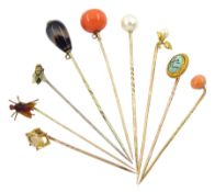 Victorian and later gold stick pins including gold coral