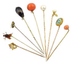 Victorian and later gold stick pins including gold coral