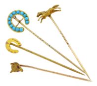 Four Victorian and later gold stick pins including turquoise horseshoe